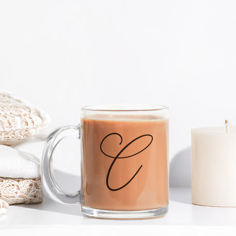 Clear personalized monogram coffee cup, custom glass mug gift for women. Minimalist glass mug with initial.