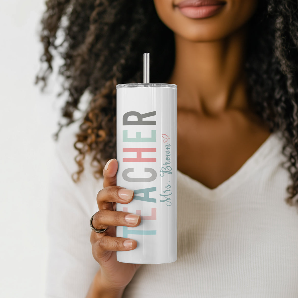 Custom pastel teacher skinny tumbler with personalized name, stainless steel tumbler for teachers.