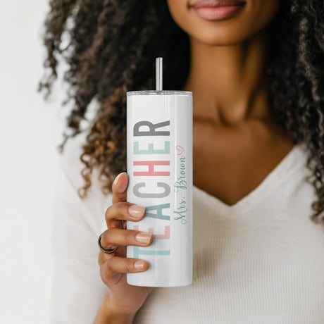 Custom pastel teacher skinny tumbler with personalized name, stainless steel tumbler for teachers.