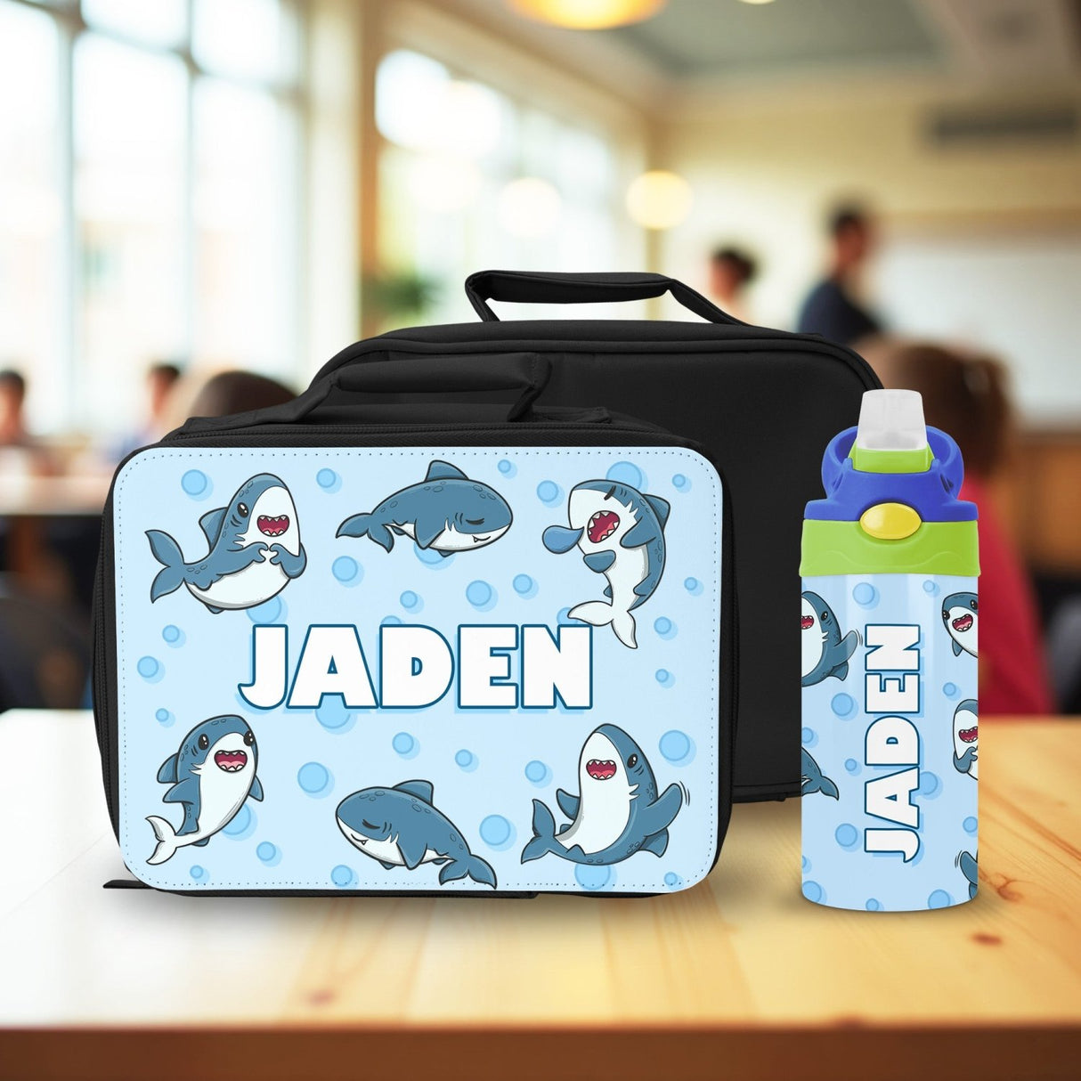 Shark Lunch Box and Water Bottle With Custom Name for Kids - Gifts Are Blue