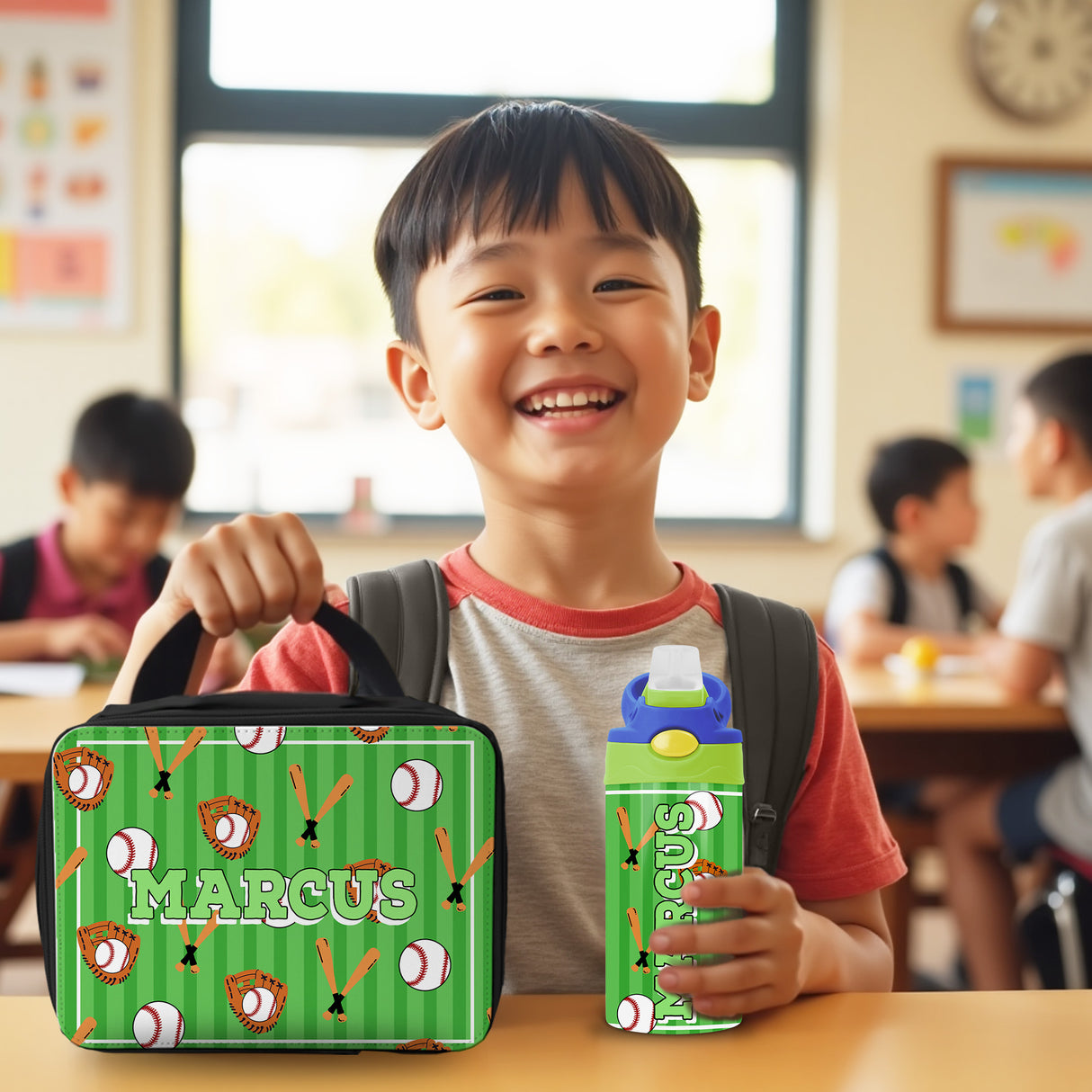 Personalized back to school lunch set for kids with name, includes baseball water bottle and lunchbox.