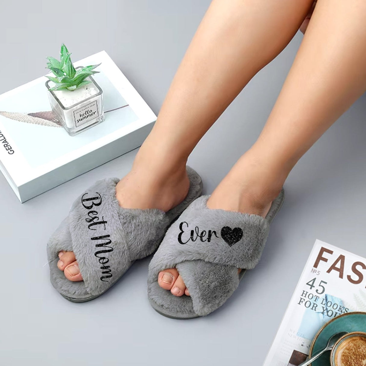 Criss Cross Design on Best Mom Ever Fluffy Slippers for Women Personalized Slippers for Moms. Mom wearing Best Mom Ever Slippers, Comfortable Slippers for Moms.
