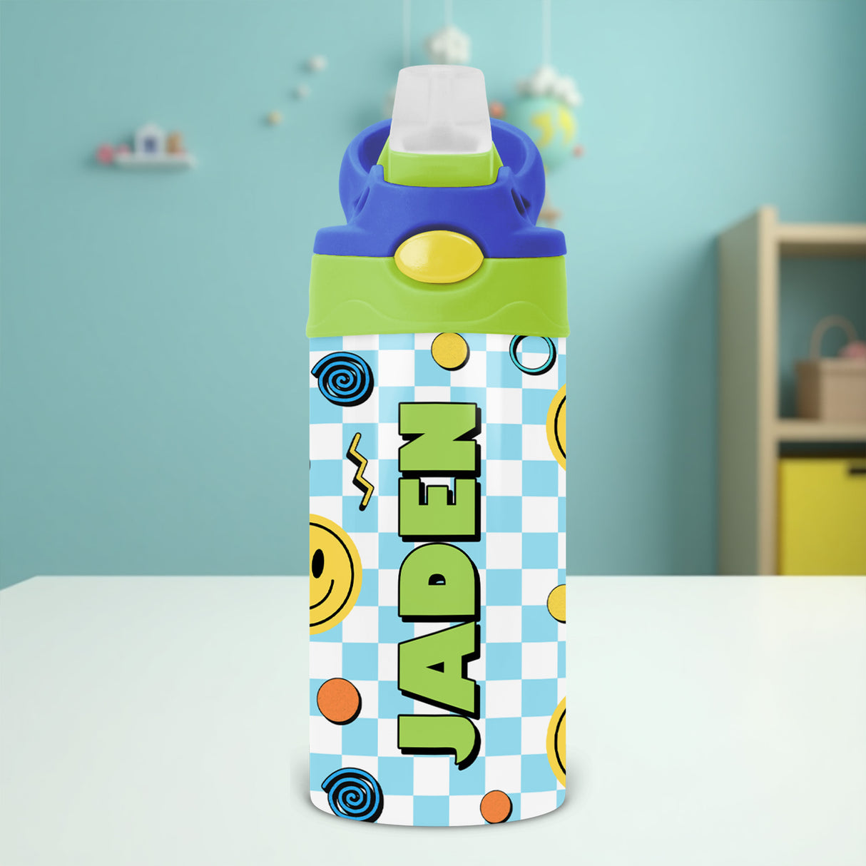 Back to school personalized water bottle for kids with custom name.