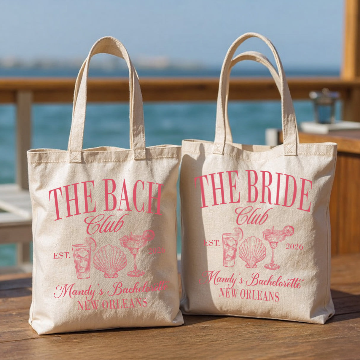 Bride tribe custom tote bags for destination wedding weekend gifts. Bride and bridesmaid personalized beach bags with wedding date.