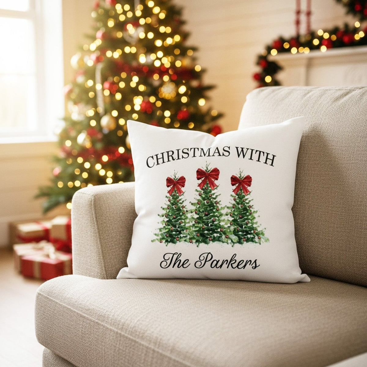 Red Bow & Trees Family Name Christmas Throw Pillow Cover and Add on Insert - Gifts Are Blue