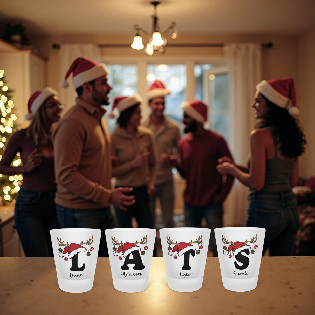 Christmas party shot glasses, perfect for get togethers and holiday celebrations.