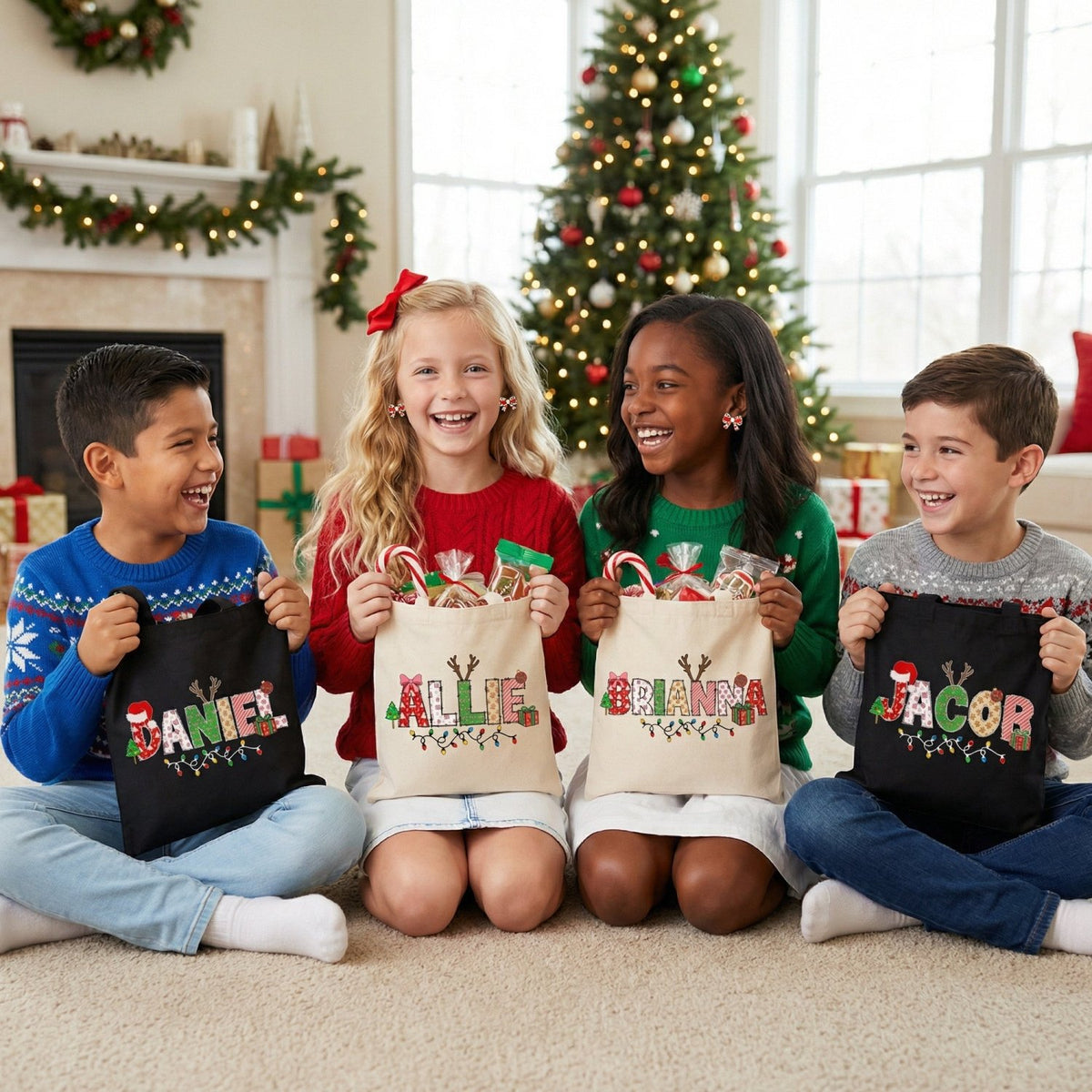 Xmas Alphabet Lights Personalized Christmas Treat Bags for Kids - Gifts Are Blue