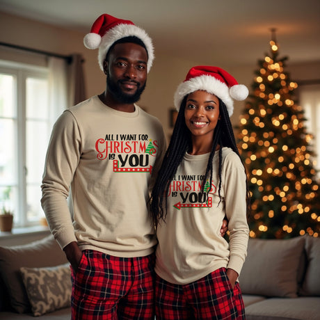 Matching couples Christmas sweaters.