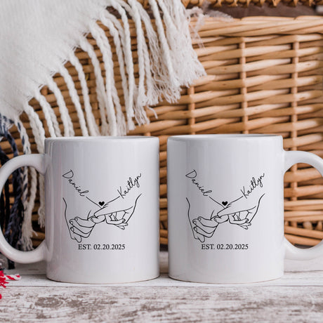 Matching coffee mug set for couples, personalized with names and pinky promise design.