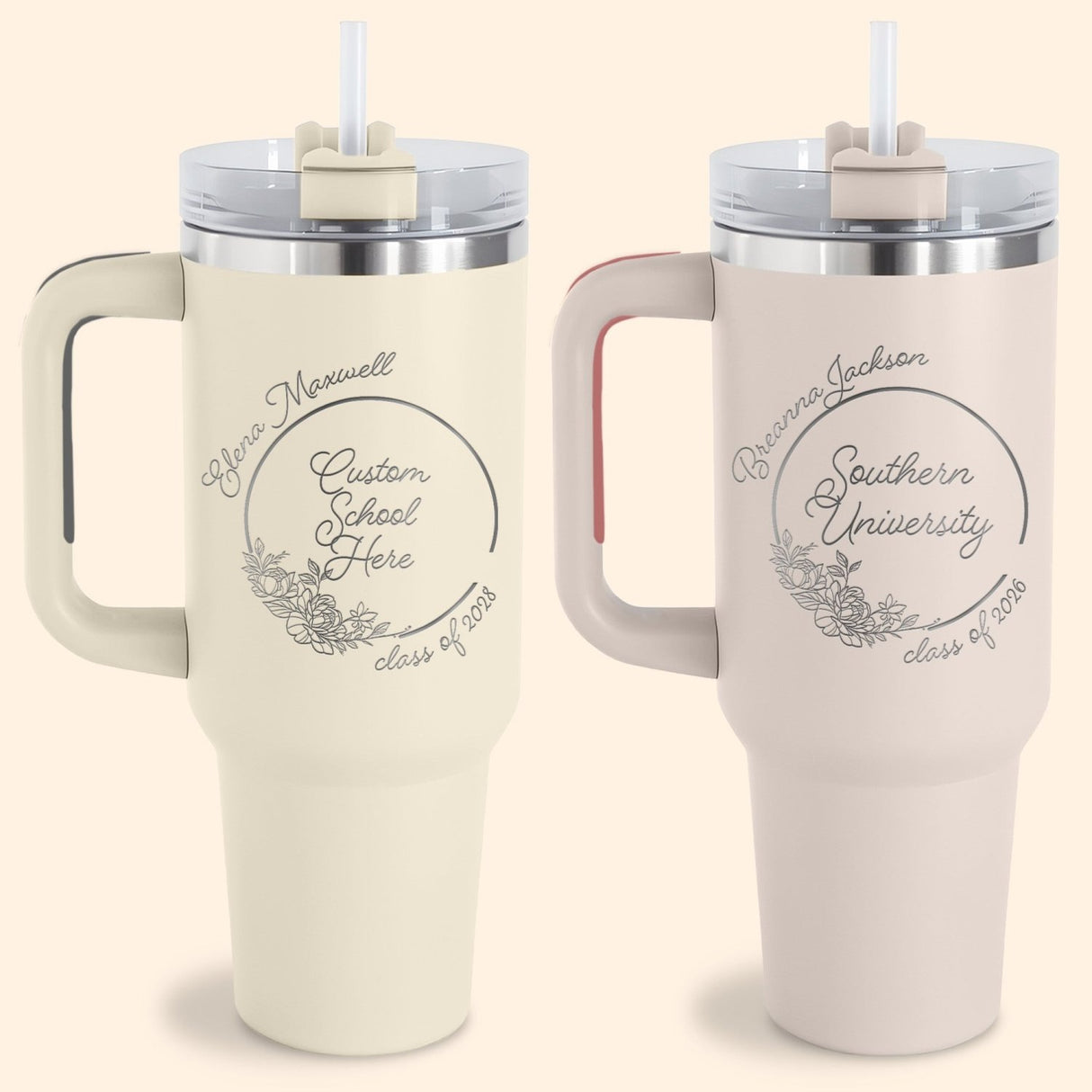 Dune and rose quartz personalized 40oz college tumbler with a floral design. Cute custom gift for college girls.