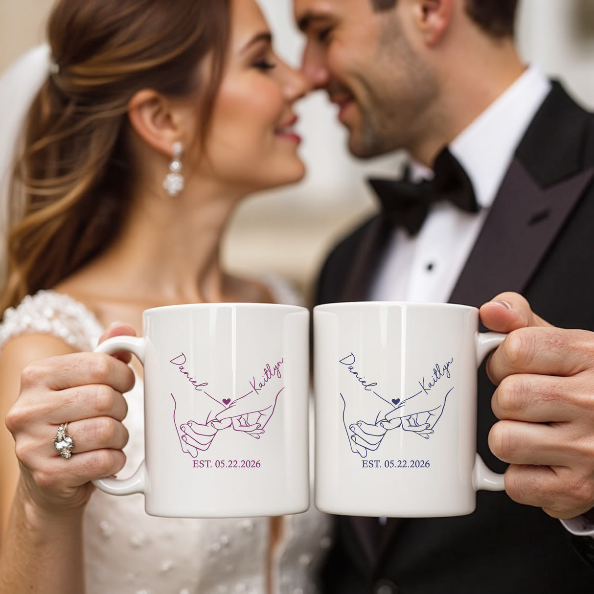 Matching couples coffee mugs with minimalist pinky promise artwork, ideal for Valentine's Day gifts, anniversaries, or long-distance relationships.
