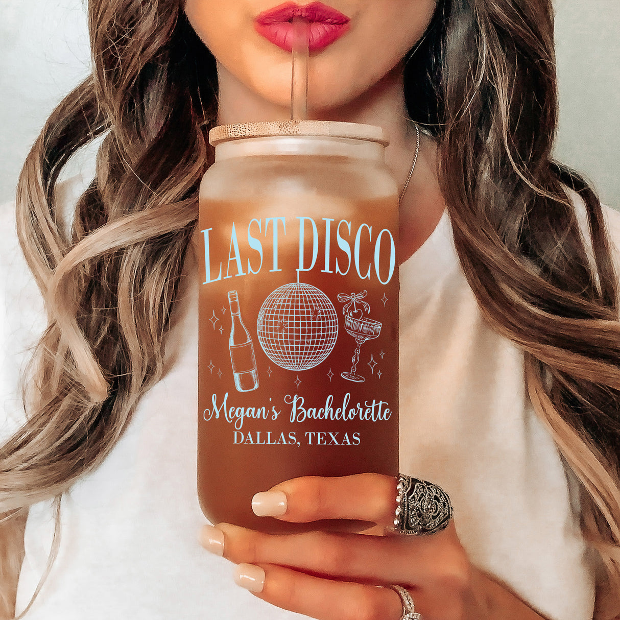 Custom Last Disco iced coffee glass with lid, perfect personalized gift for bridesmaids, maid of honor, and bride.