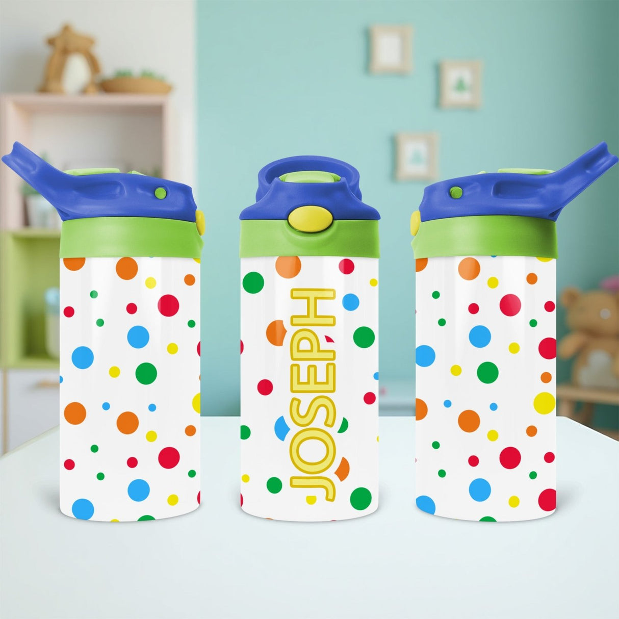 Personalized polka dot tumbler with name a perfect back to school gift for kids. Custom water bottle for kids going to school.