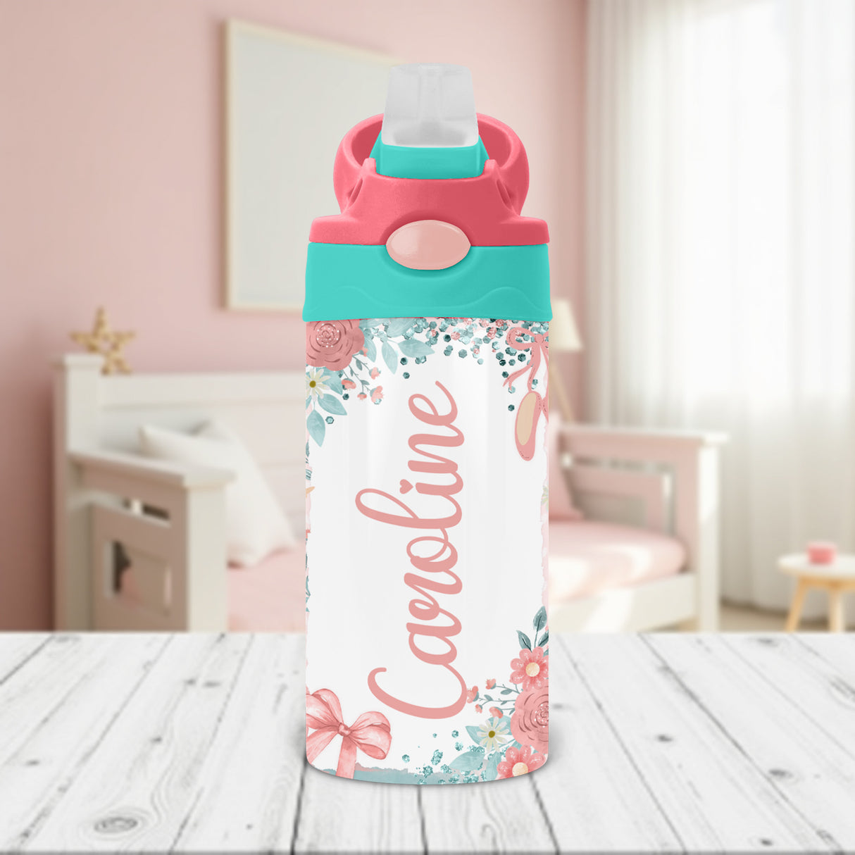 Personalized ballet water bottle for girls with custom name and flip top lid, perfect for dance class or school.