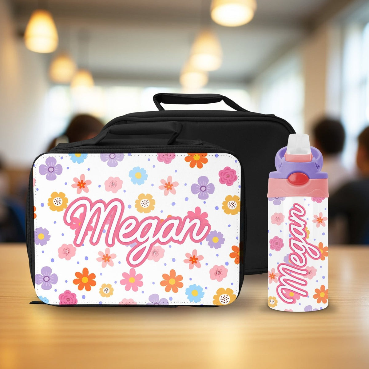 Personalized flower lunch box and water bottle set with name for girls back to school gift.