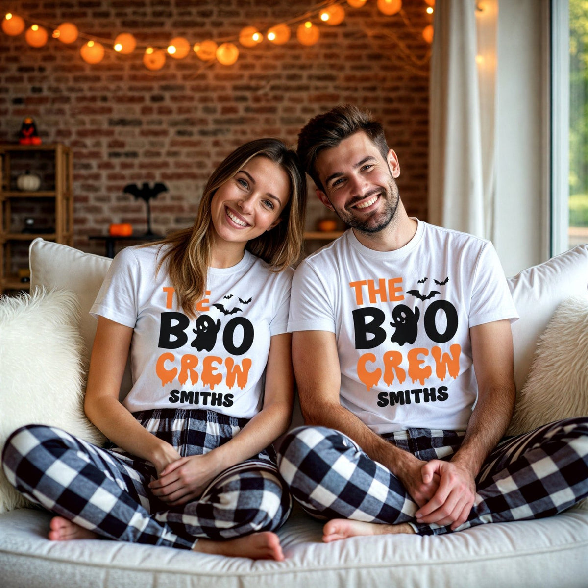 Cute, personalized couples matching Halloween pajamas.