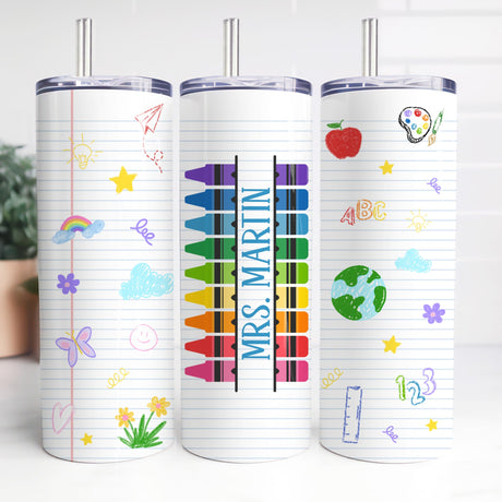 Custom crayon design tumbler for teacher with personalized name, teacher appreciation gift.