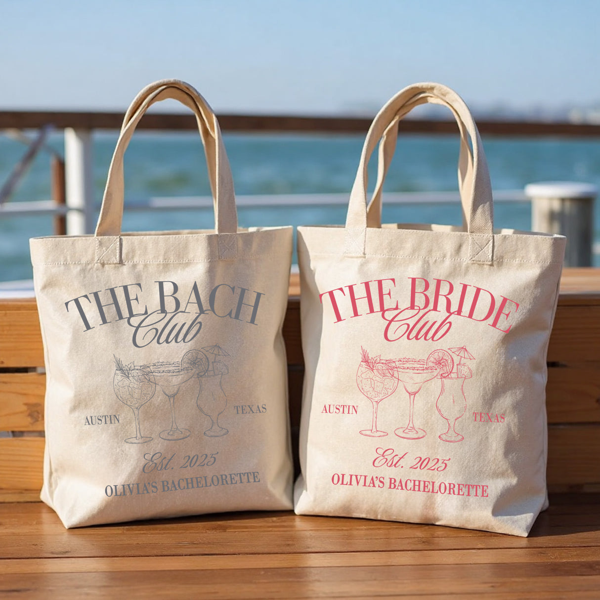 Custom wedding party tote bags for bride tribe, bridesmaids, and maid of honor, ideal for bachelorette favors.
