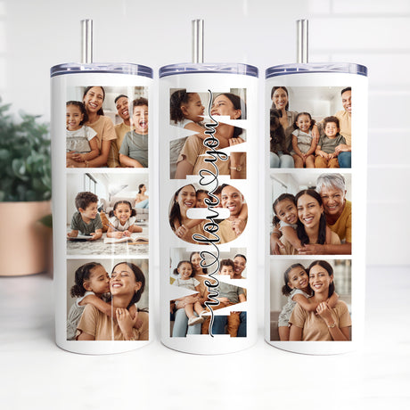 Personalized Photo Tumbler for Mom. Customizable nine Photo Tumbler for Mom, an ideal Mother's Day gift, birthday gifts for her, and Christmas gift.