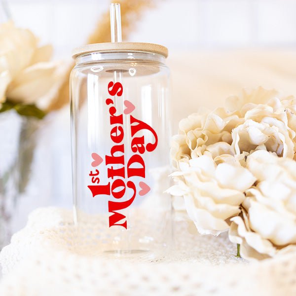 Cute First Mothers Day Iced Coffee Glass Tumbler for Gift for New Moms - Gifts Are Blue