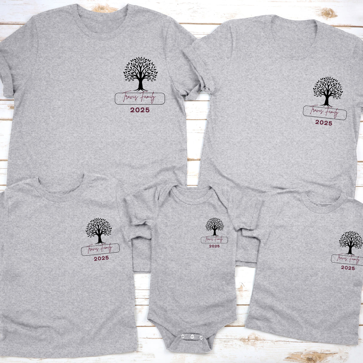 Personalized family reunion shirts with custom matching family tree design and name, perfect for group events and gatherings.