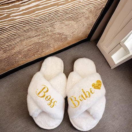 Criss Cross Fluffy Slippers for Women with Glitter Boss Babe Text.