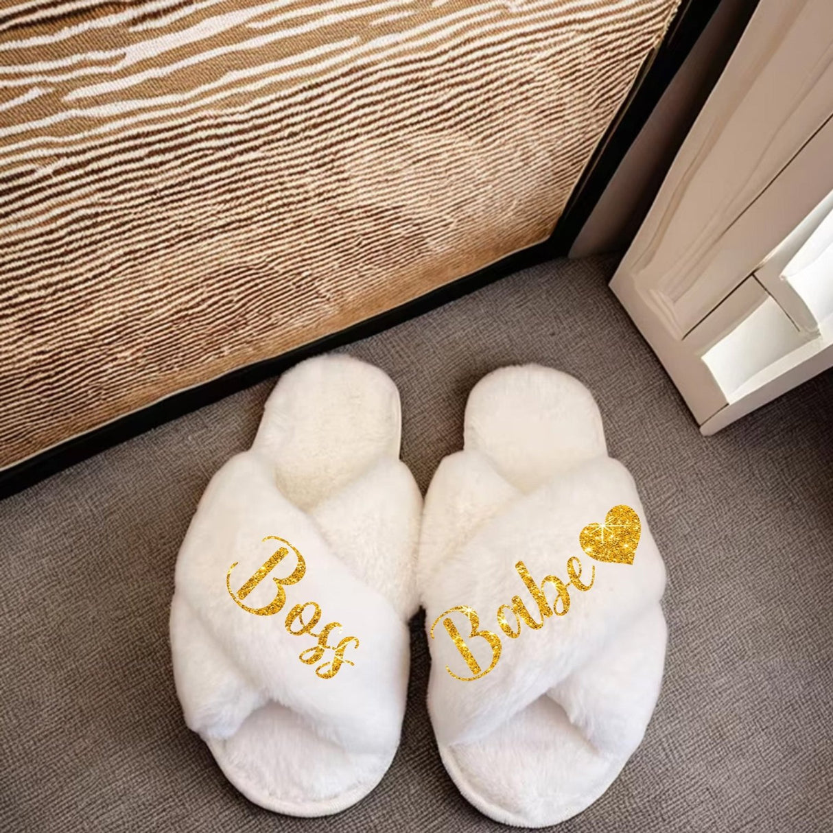 Criss Cross Fluffy Slippers for Women with Glitter Boss Babe Text.