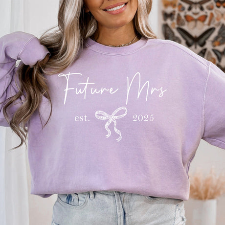 Personalized Future Mrs. sweatshirt with name and year, custom bride gift with coquette bow.