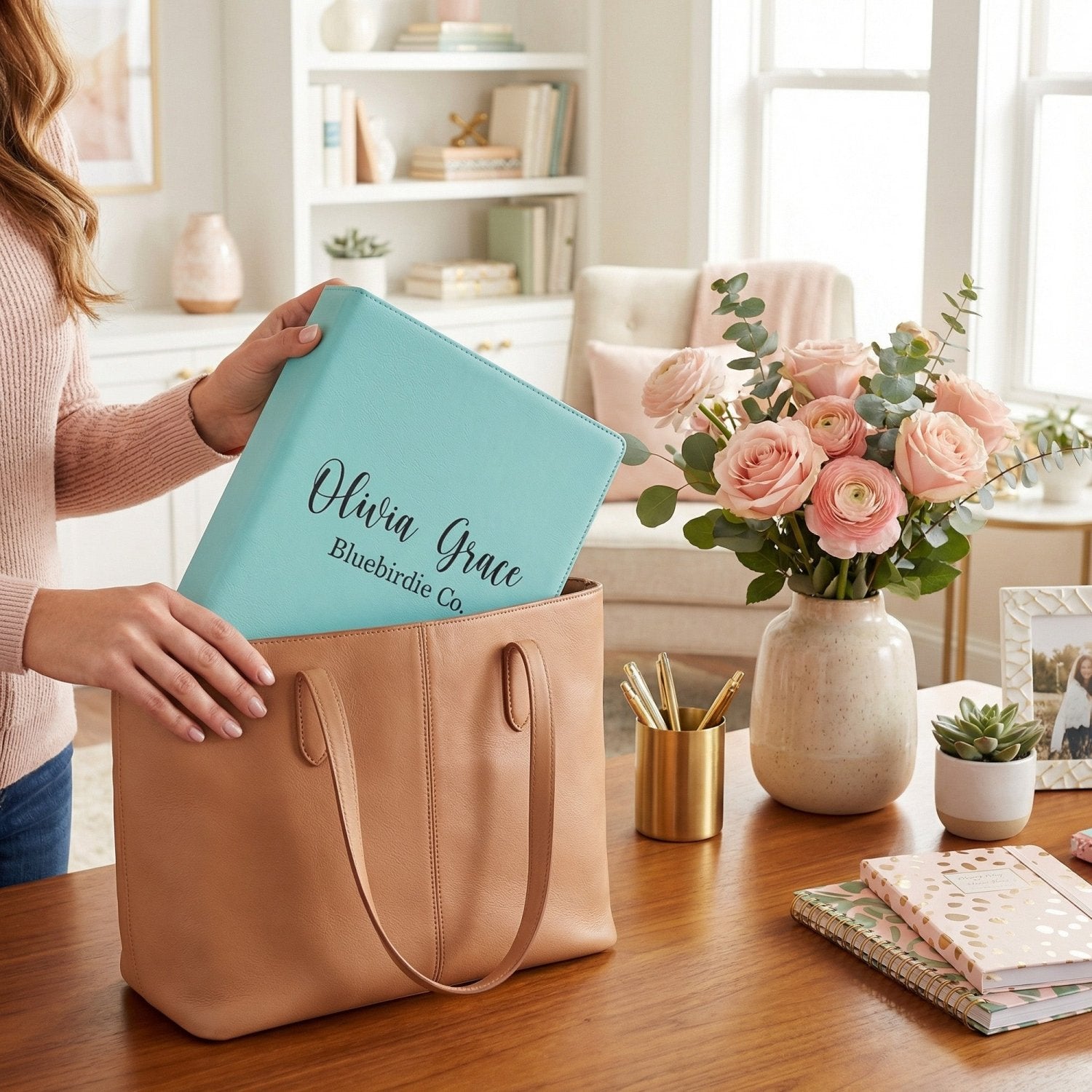 Personalized Binder w Name and Custom Text for Women and Teen Girls, Faux Leather - Gifts Are Blue