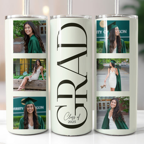 Personalized graduation photo tumbler for Class of 2025, custom drinkware for him or her. Cute, elegant design on tumbler for seniors.