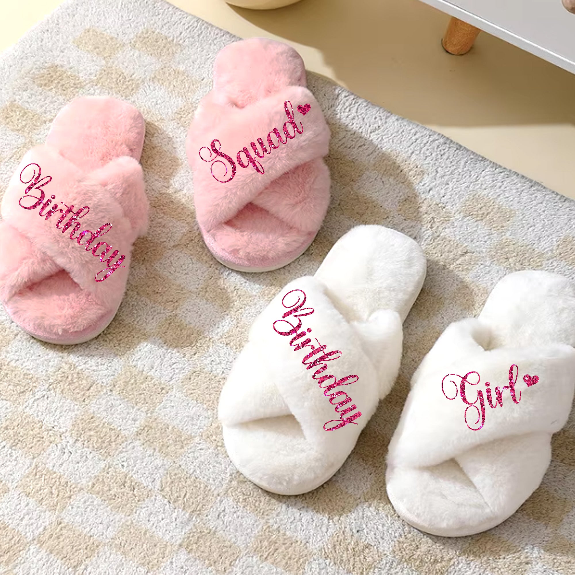 Custom name on fluffy birthday slippers personalized slippers for birthday party gift.
