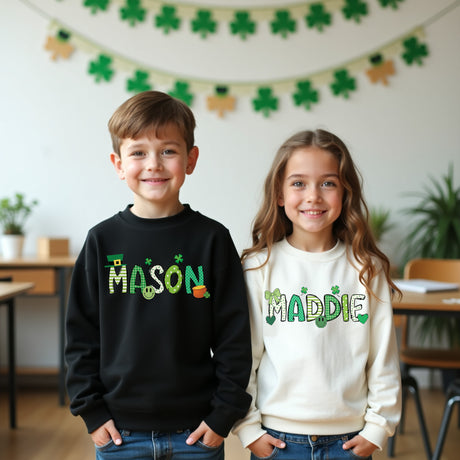 Kids St Patricks day sweatshirts for kids. Cute customized St Patricks day shirts with name.