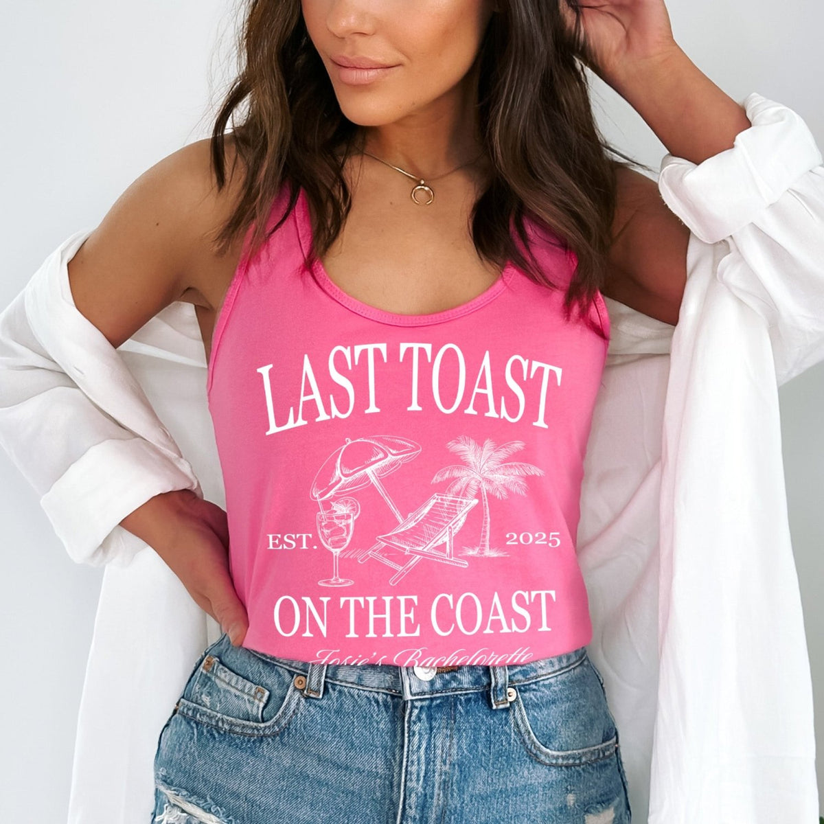 Personalized bride and bridesmaid beach shirts, perfect for Last Toast on the Coast bachelorette weekends and destination bridal trips.