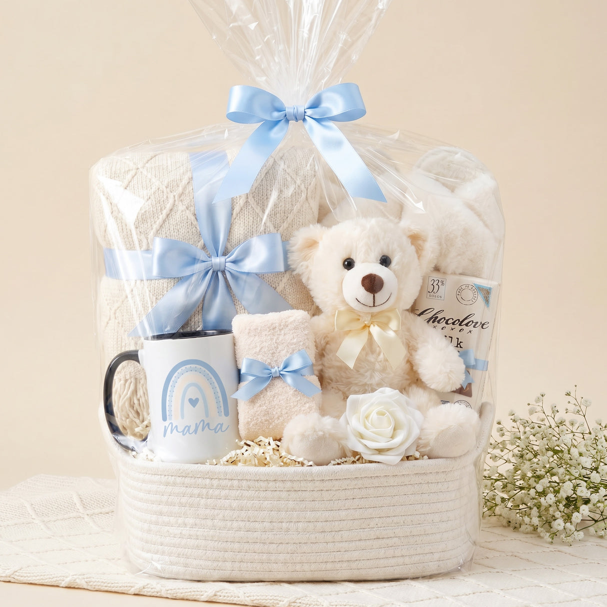 The Snuggle Set Mom Gift Basket with Blanket, Fluffy Slippers, & Teddy Bear