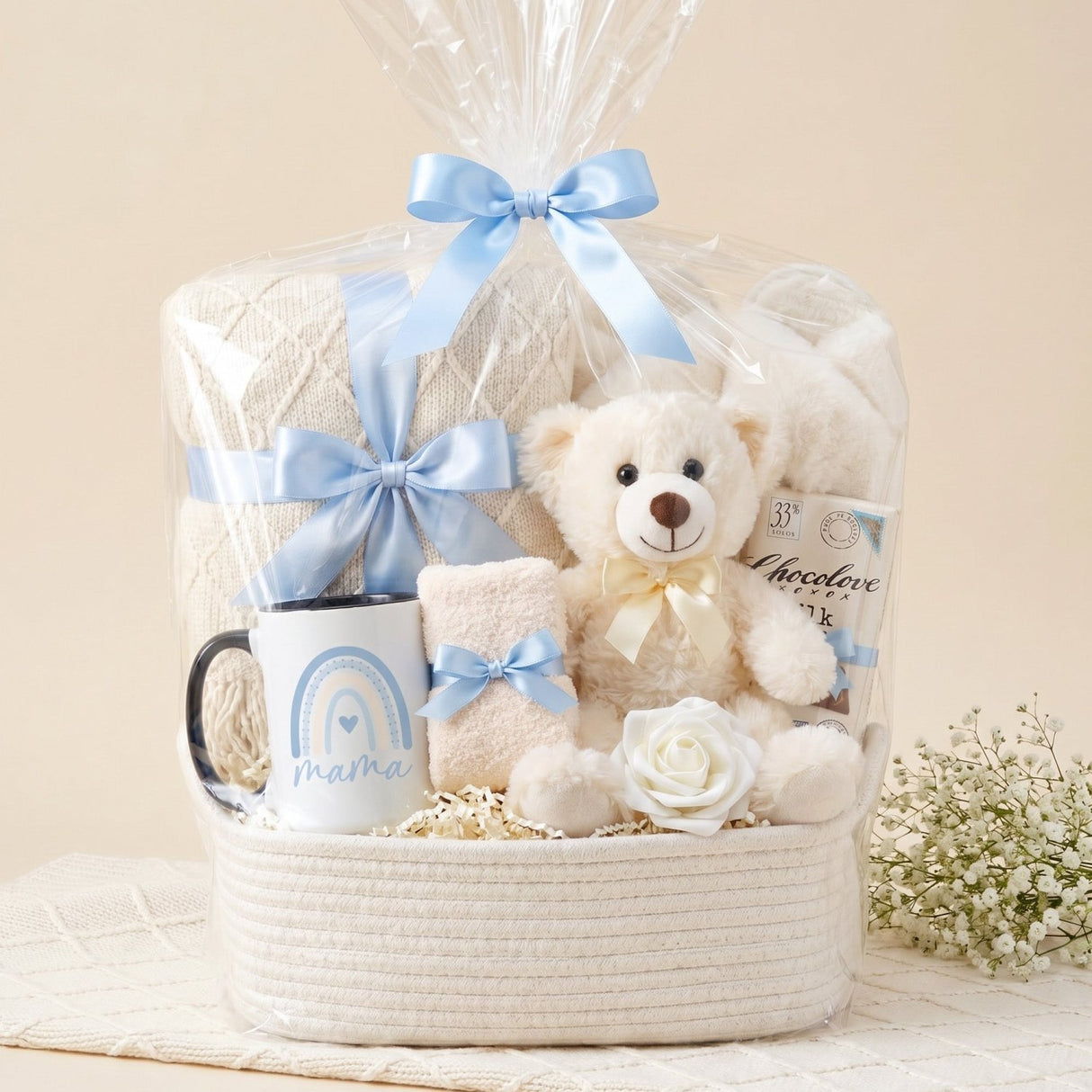 The Snuggle Set Mom Gift Basket with Blanket, Fluffy Slippers, & Teddy Bear - Gifts Are Blue