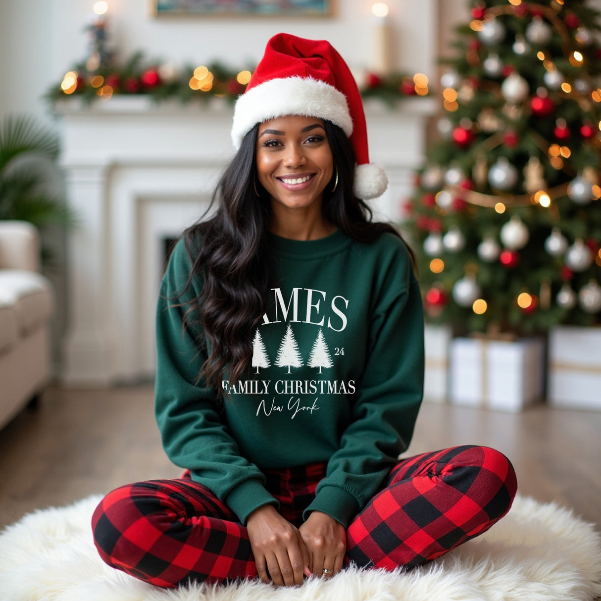 Dark green matching family Christmas sweater and pajamas set.