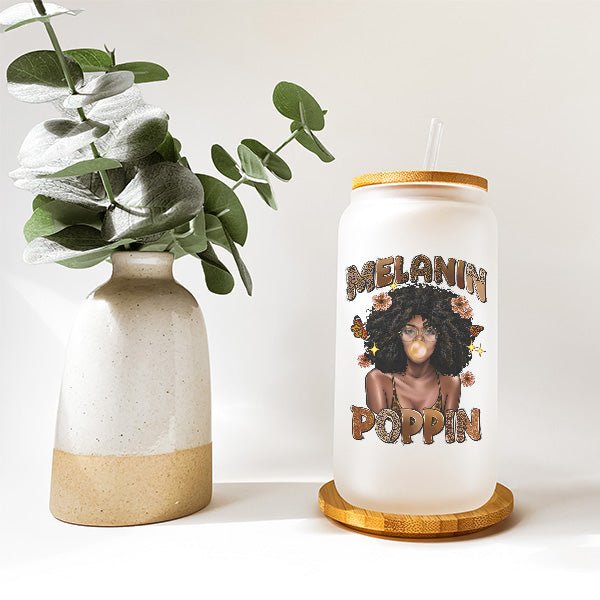 Melanin Poppin Floral and Butterfly Frosted Iced Coffee Glass Tumbler - Gifts Are Blue