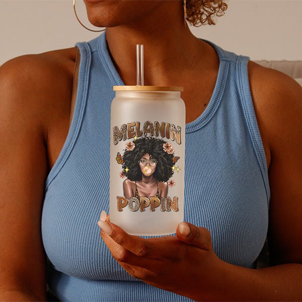 Melanin Poppin Floral and Butterfly Frosted Iced Coffee Glass Tumbler - Gifts Are Blue