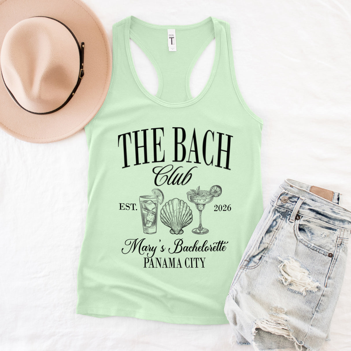 Personalized beach bachelorette tanks with custom names, perfect matching gifts for bride, bridesmaids, and bridal party squads.