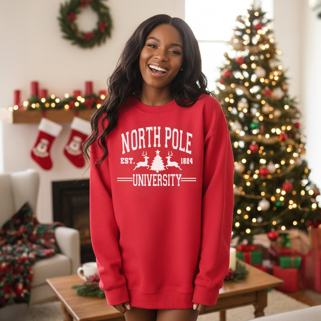 Cute North Pole University Christmas Sweatshirt for Adults and Youth - Gifts Are Blue