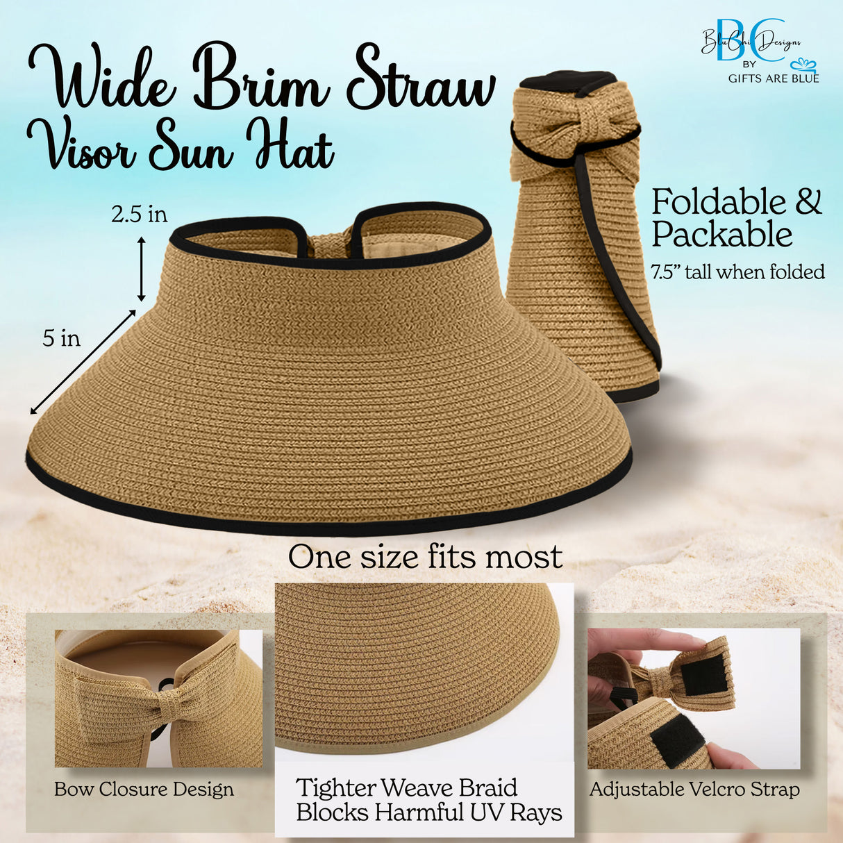 Wide brim straw sun visor hat that is foldable and packable for easy travel. It features a bow closure design with velcro strap to the back.