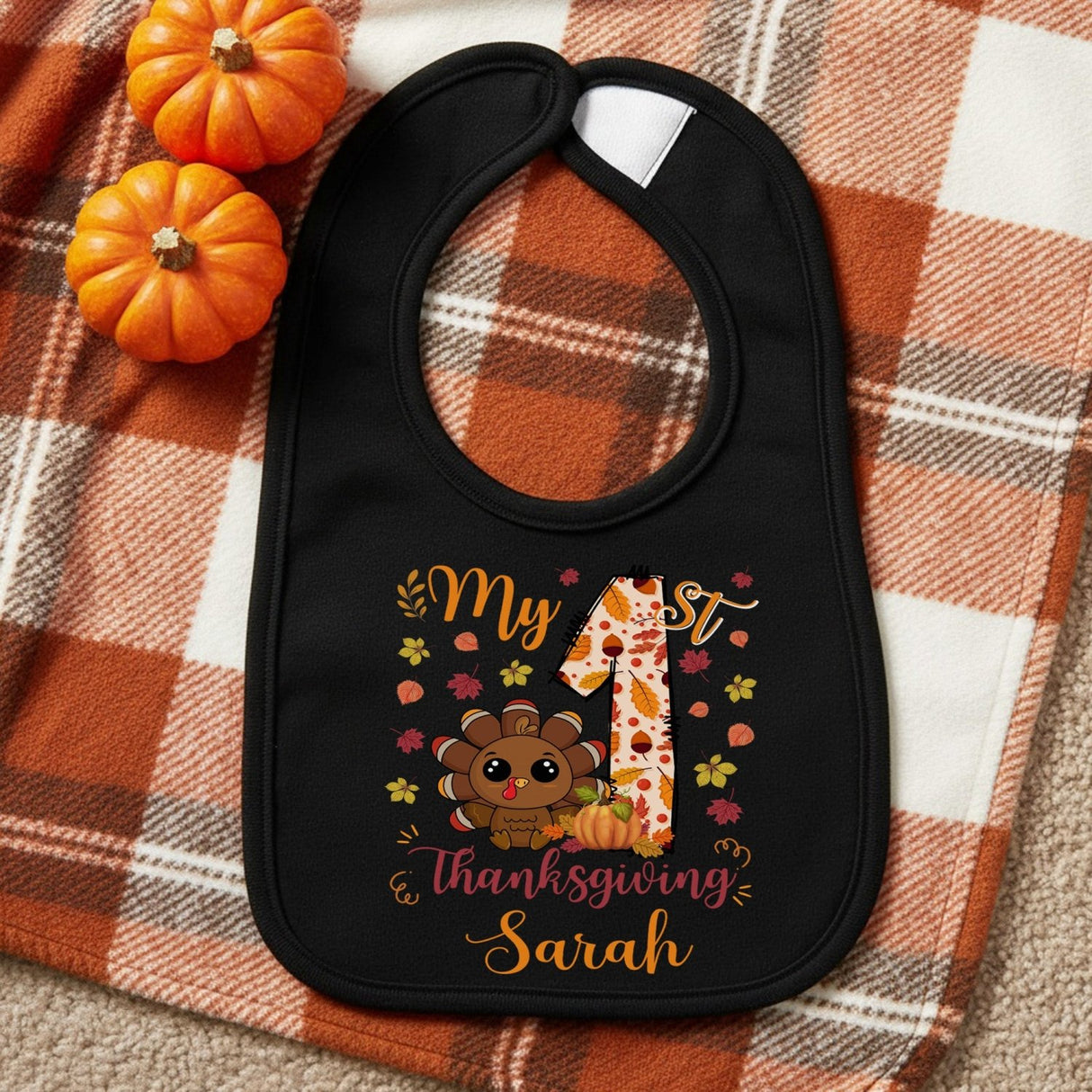 Colorful My First Thanksgiving Personalized Baby Bib with Name, for Baby Girls and Boys - Gifts Are Blue