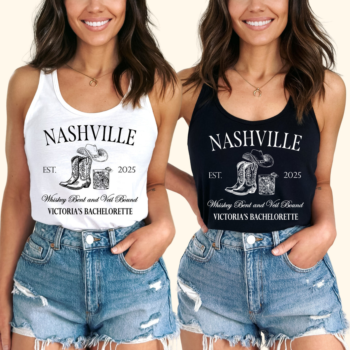 Bride and bridesmaids wearing personalized Nashville bachelorette shirts, celebrating with matching rodeo style tank tops.