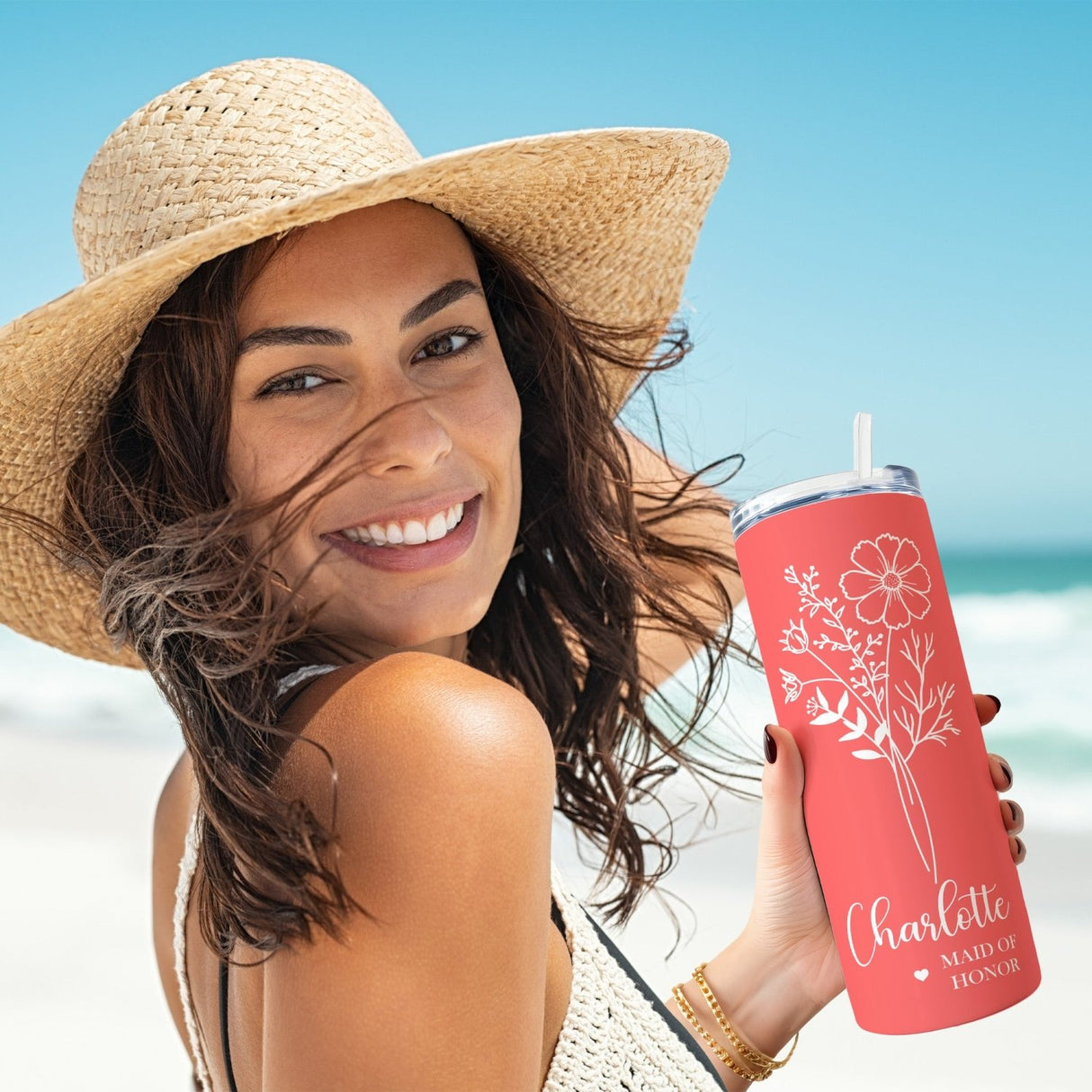 Cute Personalized Birth Flower Tumbler for Bride and Bridesmaids - Gifts Are Blue
