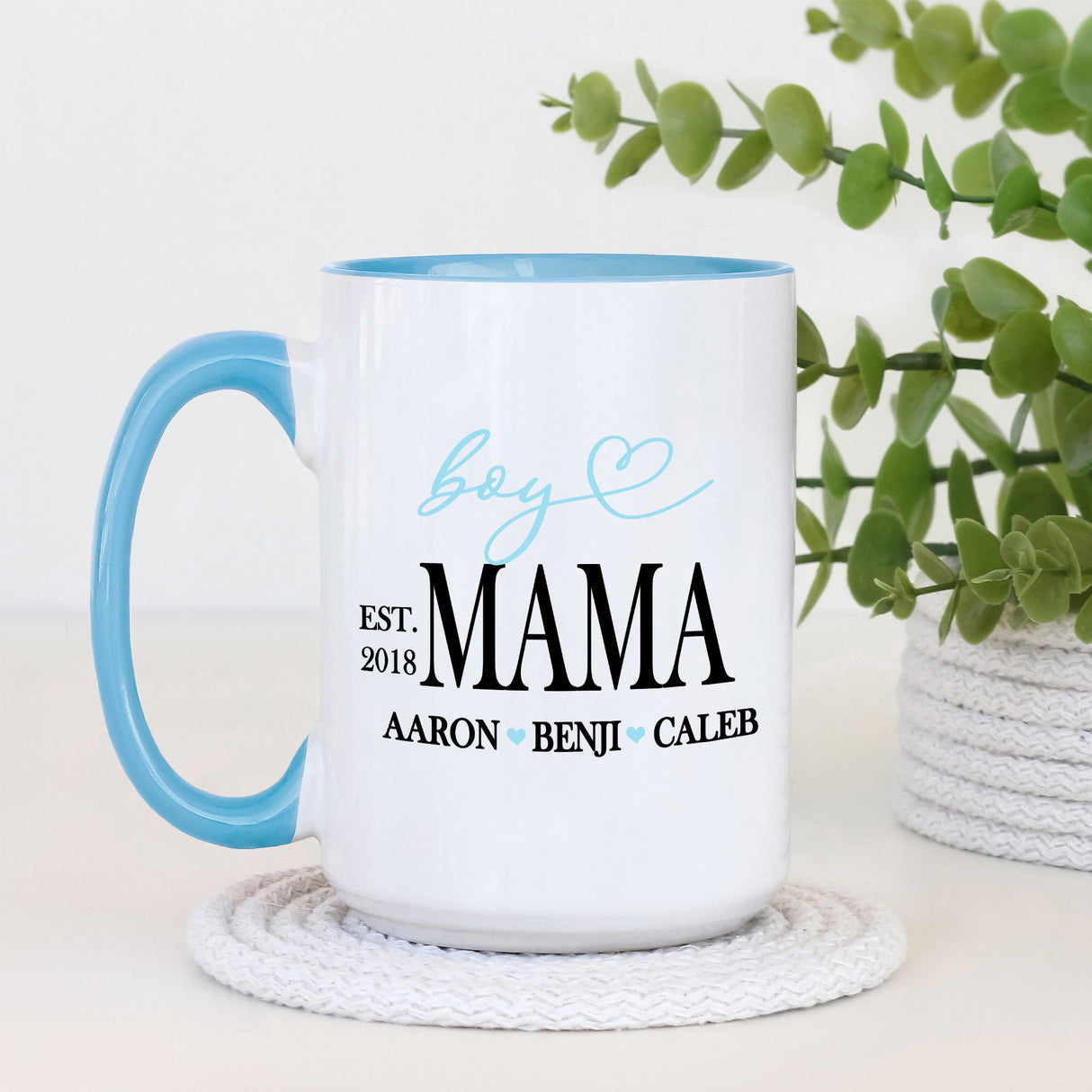 Custom Boy Mom mug with kids names perfect for celebrating Mother's Day and showing appreciation for moms with sons.