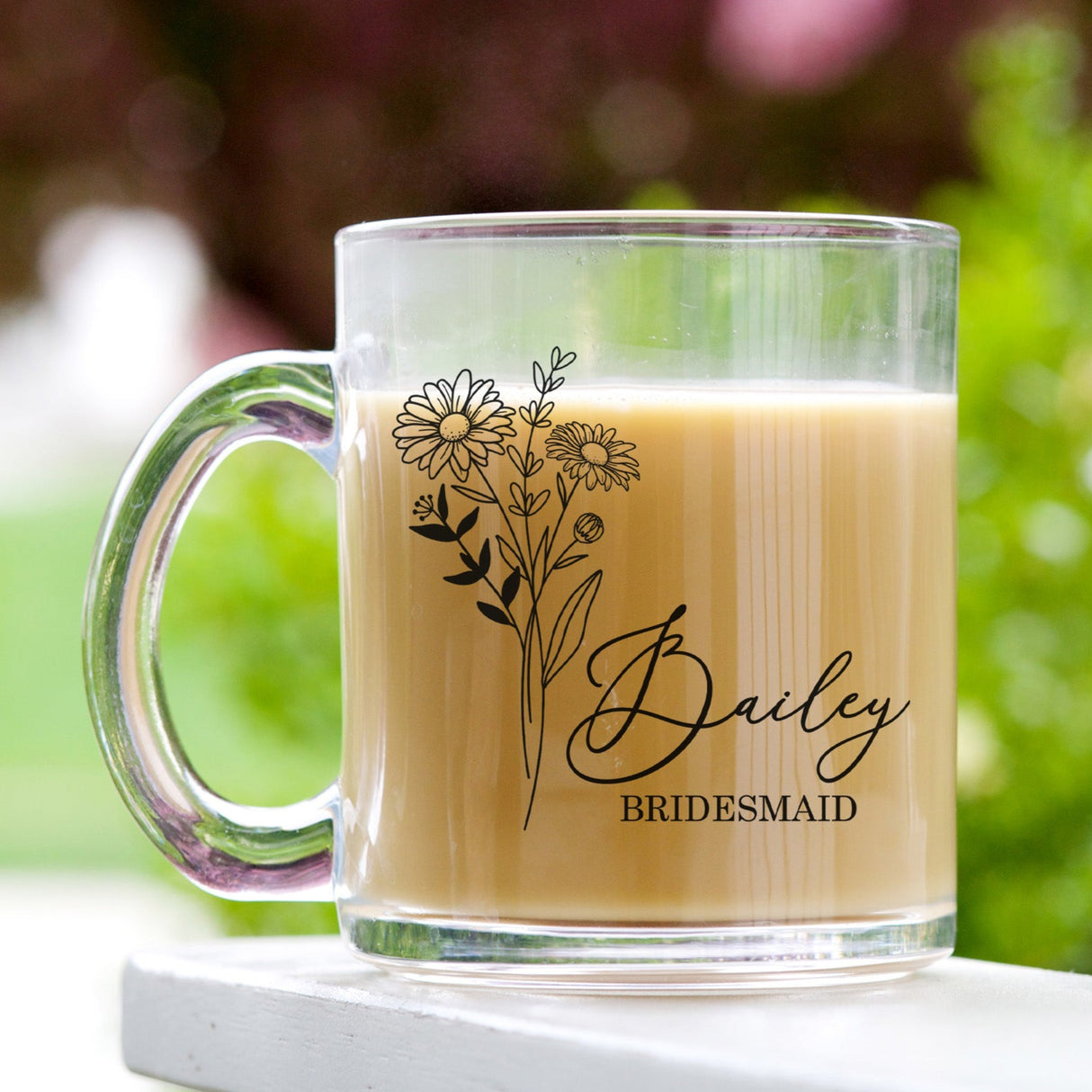 Personalized bridesmaid birth flower glass mug with custom name and birth month, for bridal party gift.