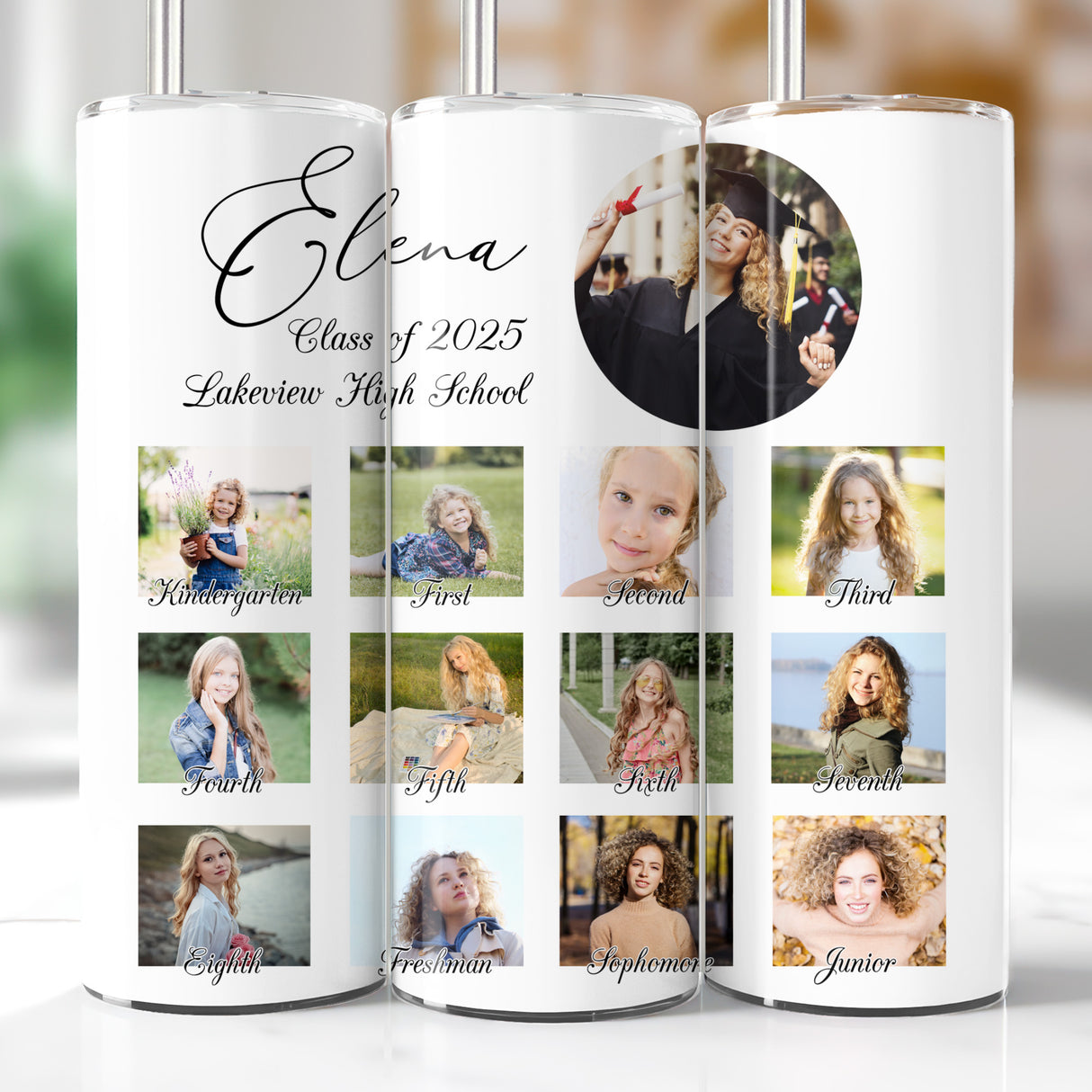 Graduation tumbler with custom name and photo, memorable keepsake for graduates and parents.
