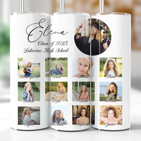 Graduation tumbler with custom name and photo, memorable keepsake for graduates and parents.