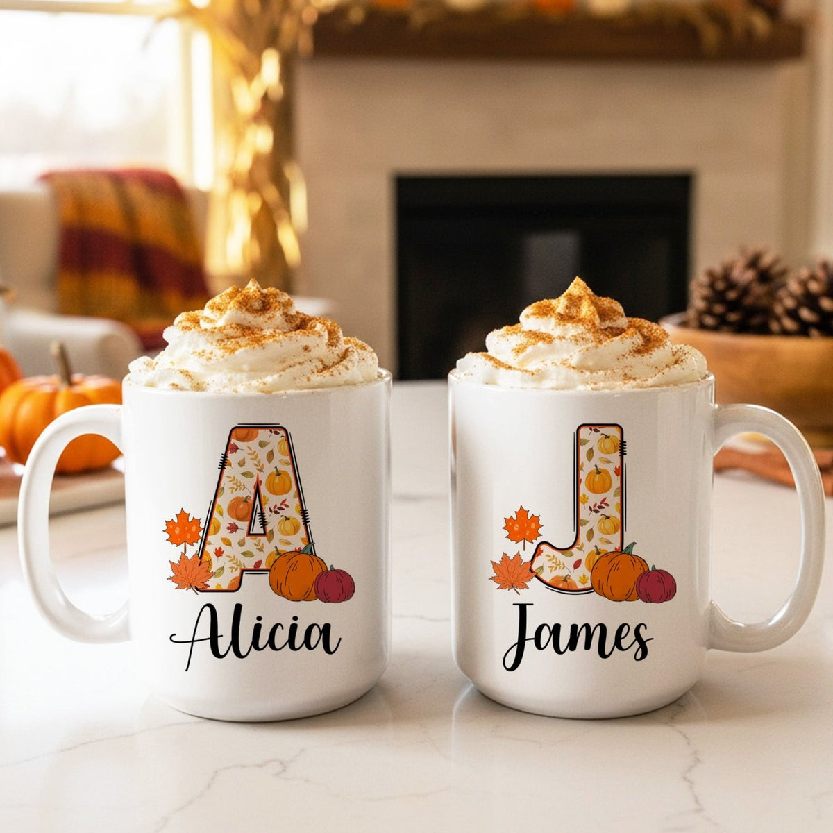 Thanksgiving Doodle Initial Personalized Fall Mugs for Kids and Adults, Autumn Coffee Mug - Gifts Are Blue