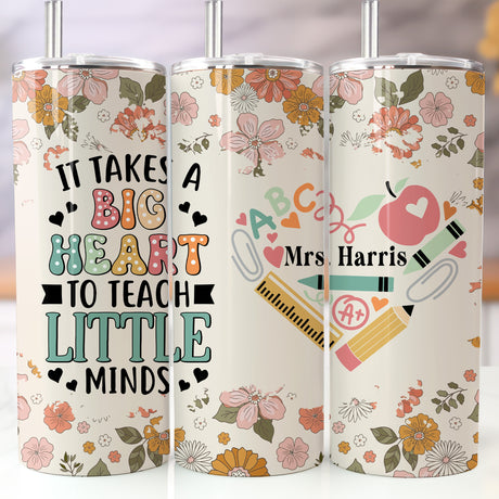 Personalized floral teacher tumbler with name, custom insulated coffee cup for teacher appreciation.